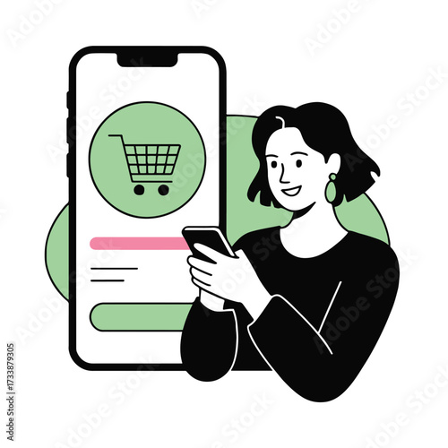 Vector art of a woman shops online using her smartphone, showcasing the convenience of mobile commerce and digital transactions