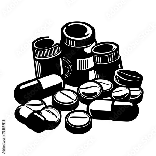 The image features a modern and realistic set of 3d pharmacy remedies, comprising medical drugs, white tablets, and red capsules, all isolated on a background and depicted from different viewpoints