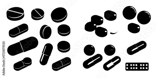 Realistic 3D mockup of modern pharmaceutical drugs featuring white medical pills and capsules from various angles