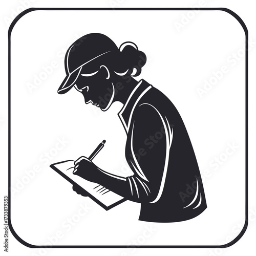 Woman in cap writing on clipboard with pen vector