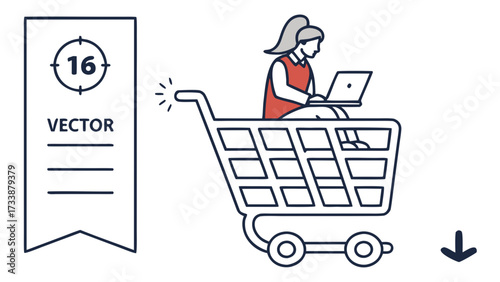 Woman in shopping cart using laptop with vector label