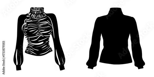 The women's puff long sleeve high neck blouse showcases fashionable ruching and shirring details in a modern flat sketch illustration cad mockup