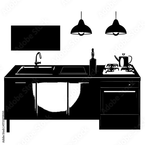 Modern kitchen with gas stove, sink and gray cupboards illuminated at night, featuring a modern realistic illustration of a dark kitchen interior