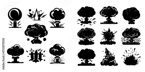 A modern cartoon set featuring isolated blasts on a black background, including bomb explosions, fire bursts, and an atomic mushroom cloud, all originating from dynamite, nuclear weapons, or rockets