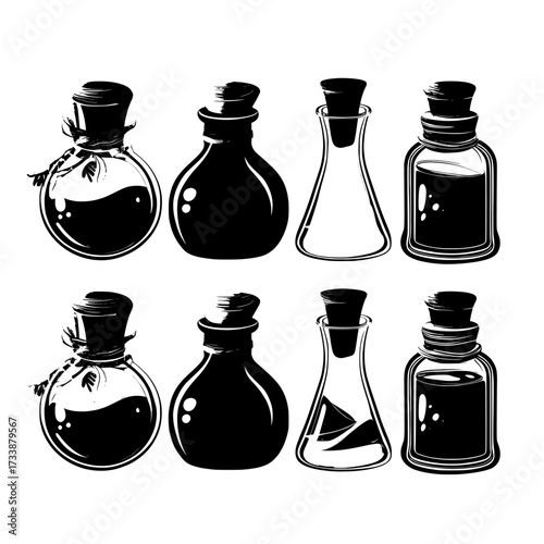 Glass jars filled with an assortment of colored potions, including poisonous brews and magical elixirs, are showcased as modern cartoon icons, each sealed with a wooden cork