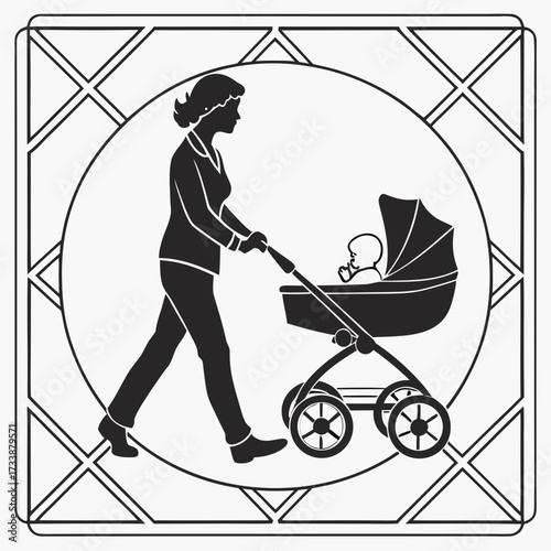 Woman pushing baby stroller in circular frame walking