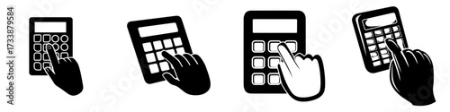 A person's finger is shown pressing buttons on a calculator as they count their income and plan their household or company budget in a flat modern illustration representing finances and calculation