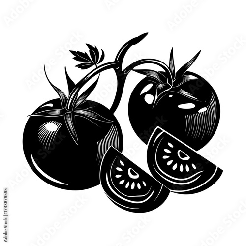 Isolated on white, a modern and realistic illustration depicts red cherry tomatoes, some whole and some sliced, complete with green stalks, as a raw and organic vegetable representation