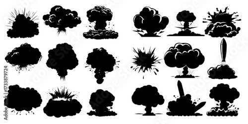 Explosions of bombs, blasts accompanied by fire and clouds of black smoke, comprise a modern cartoon set featuring bursts of flame and flashes from dynamite, nuclear weapons, or rocket hits isolated