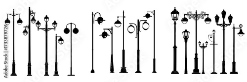 Modern realistic set of old electric street lights, including street lamps and vintage lanterns on black posts, with sphere shades for roads, sidewalks, cities, and public parks