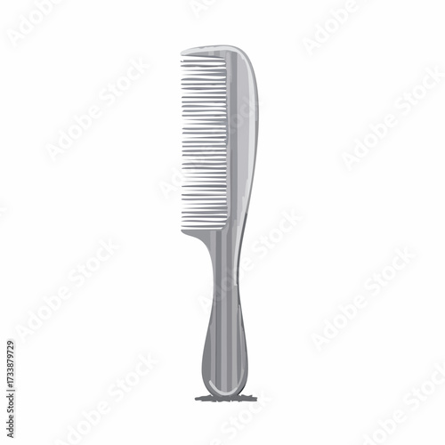 A gray plastic comb with fine teeth and a curved handle, used for hair styling and grooming.