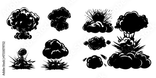 A storyboard for a cartoon bomb explosion, complete with animated clouds, a boom, and smoke, designed for use in a mobile game, depicting dynamite danger and explosive detonation in a comic book