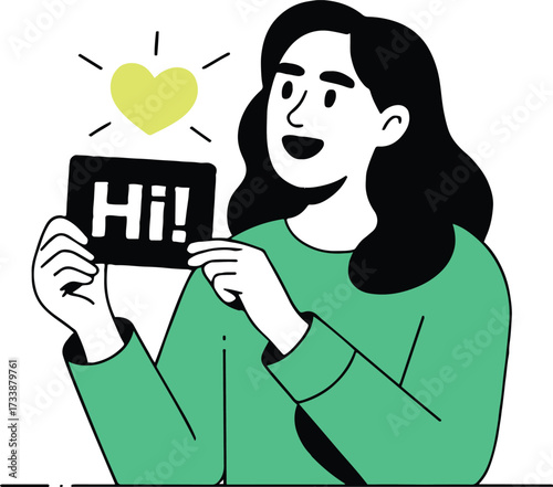Vector art of friendly greeting woman holding a sign that says hi, warm welcome and positive message for new connections and relationships