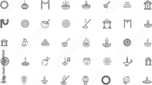 Karthika deepam icons set. lamp, festival, diya, light. vector illustration