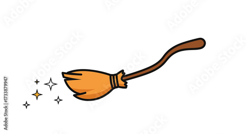 A cartoon illustration of a magical flying broomstick leaving a trail of sparkles on a white background.