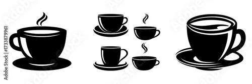 The collection includes a modern set of coffee cup icons, tea cup illustrations, and signs, as well as mocha symbols that can be used as logos
