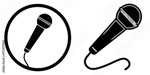 Illustration of a microphone with a wire for connection in a modern line art style, isolated on a plain background, in colour