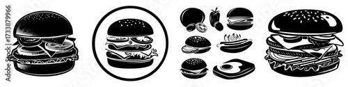 Cartoon illustration of a burger and sandwich constructor with modern ingredients including bun, olive, onion, egg, cheese, tomato, mustard or ketchup, meat, cucumber, and fried potato elements