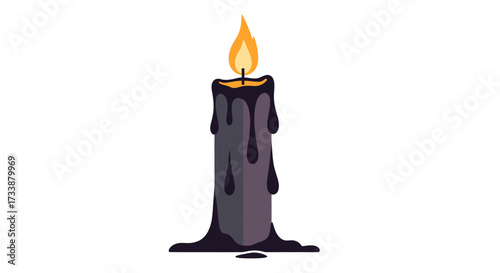 A tall, dark, melting candle with a bright orange flame burning at the top, set against a white background.