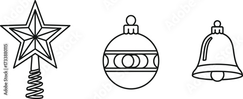 Christmas tree topper, bauble, and bell for festive decoration