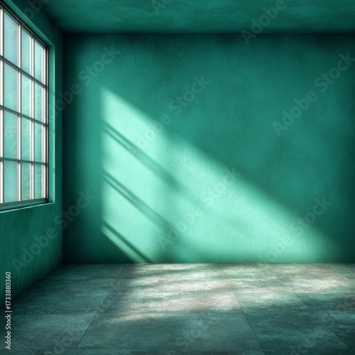 An empty room with teal walls and large window, featuring shadows and natural light