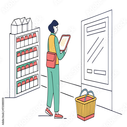 Woman with tablet at grocery store aisle with shelves and shopping basket