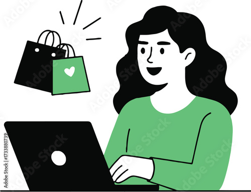 Vector art of a woman is happily shopping online using her laptop, with shopping bags floating above, she is excited about the purchase