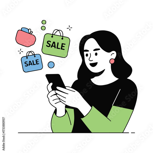 Vector art of a woman shopping online with her smartphone, surrounded by shopping bags and a wallet she is wearing a black shirt