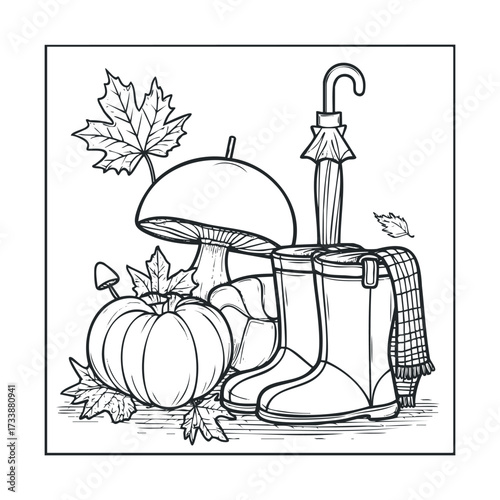 Autumn season collection with boots, umbrella, and pumpkin. Vector hand drawn illustration

