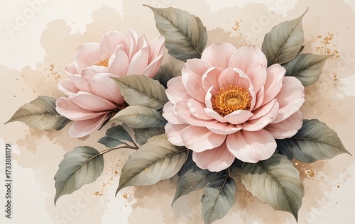 Blushing Camellia Elegance with Gold Dust Accents