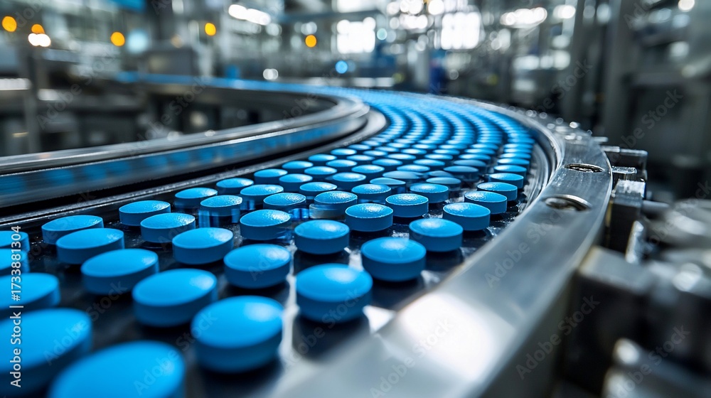 Obraz premium Automated pill production line, blue tablets moving on conveyor belt