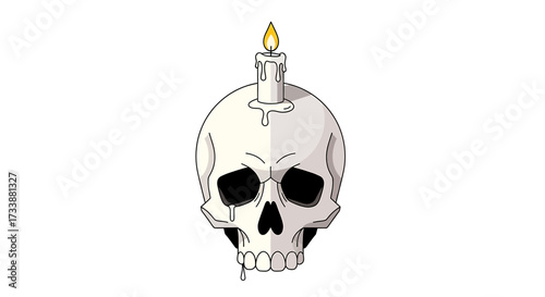 A stylized illustration of a human skull with a lit, melting candle on top, shedding a single tear from an eye socket.
