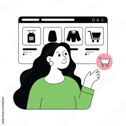 Vector art of a woman is shopping online, browsing products on a website with a shopping cart icon, she is wearing a green shirt and has black hair