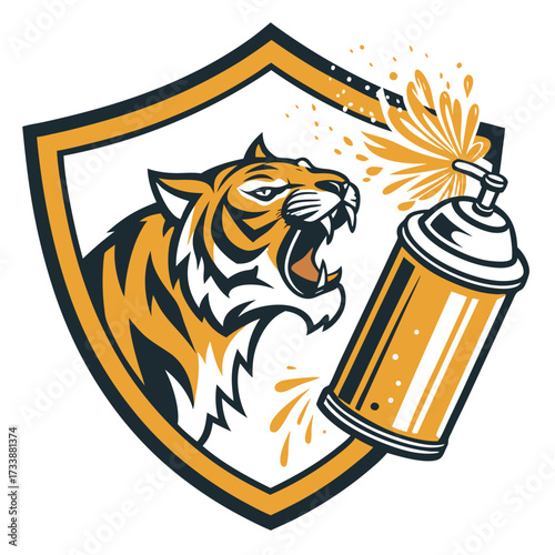 A ferocious tiger roars spraying orange paint from a can.