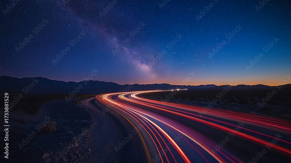 Fototapeta premium Night road, Milky Way, desert, light trails