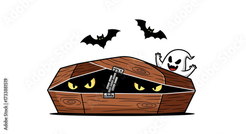 A cartoon ghost and bats emerge from a wooden coffin with spooky glowing eyes peeking from inside.