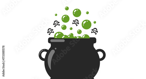 A black cauldron filled with bubbling green liquid and skull and crossbones symbols rising into the air.
