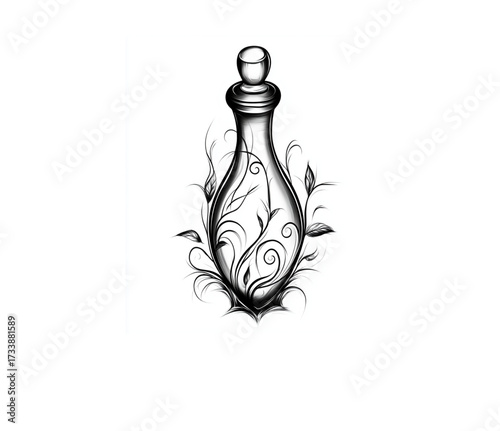 Ornate potion bottle illustration, black and white, representing magic and enchantment with copy space