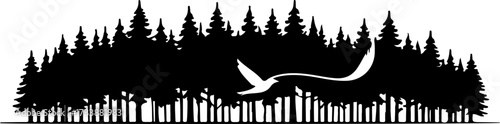 Silhouette of Pine Trees with Flying Birds Against a White Background