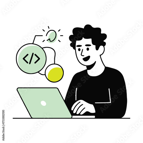 Vector art of a cheerful programmer is working on a laptop, surrounded by code bubbles, he is happy to be coding and creating new things