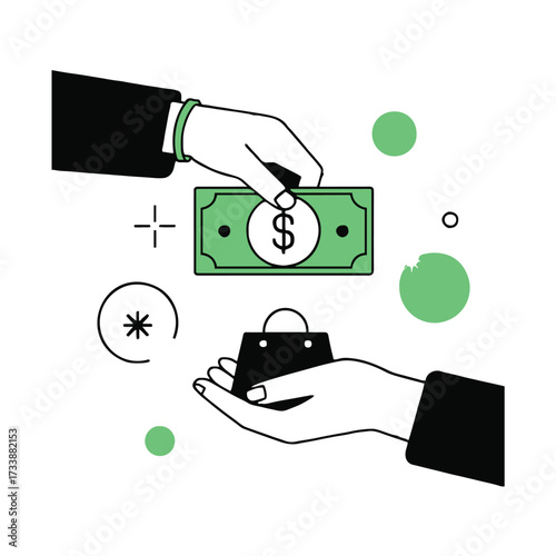Vector art of a hand is giving money for a shopping bag, this image represents the concept of commerce, finance, and transaction