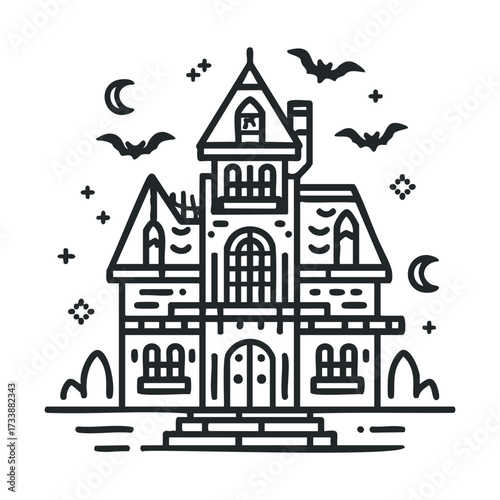 Spooky haunted house design for Halloween decoration and events. Vector line illustration
