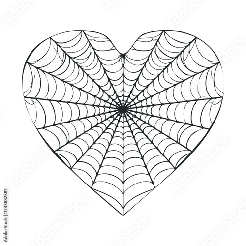Heart shaped spider web design for Halloween decorations or crafts. Vector line illustration