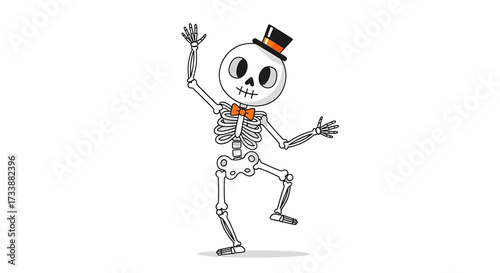 Cartoon skeleton character wearing a top hat and bow tie, dancing with joy and excitement.