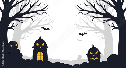 Mysterious Halloween night background illustration featuring eerie silhouetted trees, flying bats, and glowing haunted houses, setting a spooky festive mood