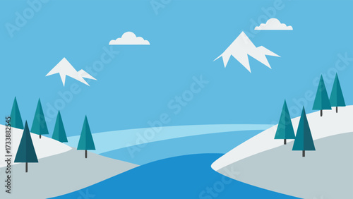 Winter landscape with snow covered mountains and trees