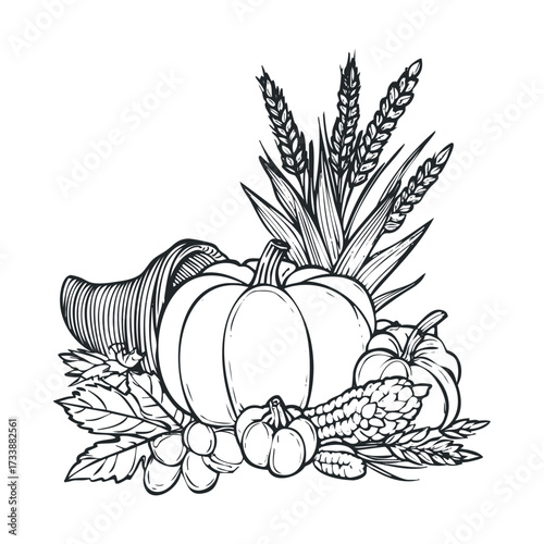 Autumn harvest arrangement with cornucopia and seasonal produce. Vector hand drawn illustration

