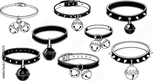 collection of black collars with pendant bells on a white background