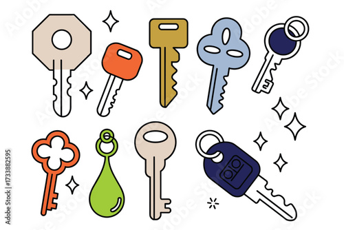 Collection of colorful flat design keys and sparkling icons vector