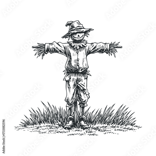 Classic scarecrow standing in a grassy field under clear skies. Vector hand drawn illustration

